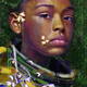 A young woman in a space suit with flowers on her face
